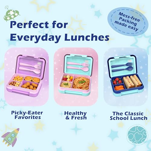 Image of Kids Bento Lunch Box for Boys & Girls - 4-Compartment Leak-Proof Lunch Container with Hidden Silicone Handle, Lightweight, BPA-Free, 855ml for School & Travel (Space)