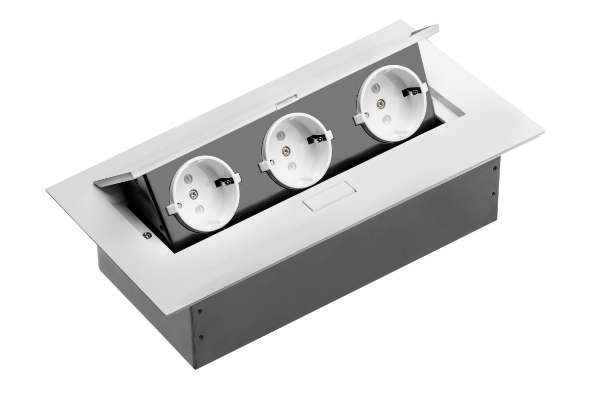 HÖGERT TECHNIK Presa da tavolo retrattile – 3 x Schuko – presa da incasso senza cavo – 3600 W – IP20 – bianco – per cucina, ufficio, officina e integrazione di mobili