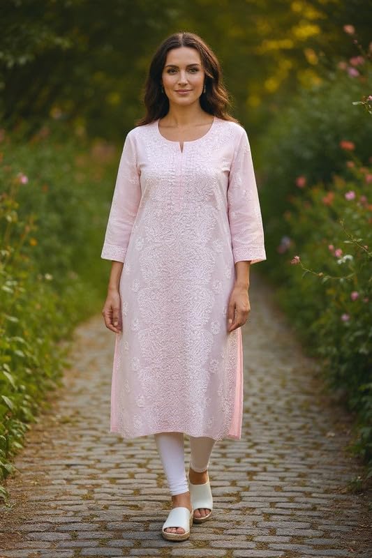 Image of Eddika Women's Cotton Teri Voil Hand-Embroidered Chikankari Kurta | Elegant Lucknowi Style Ethnic Wear