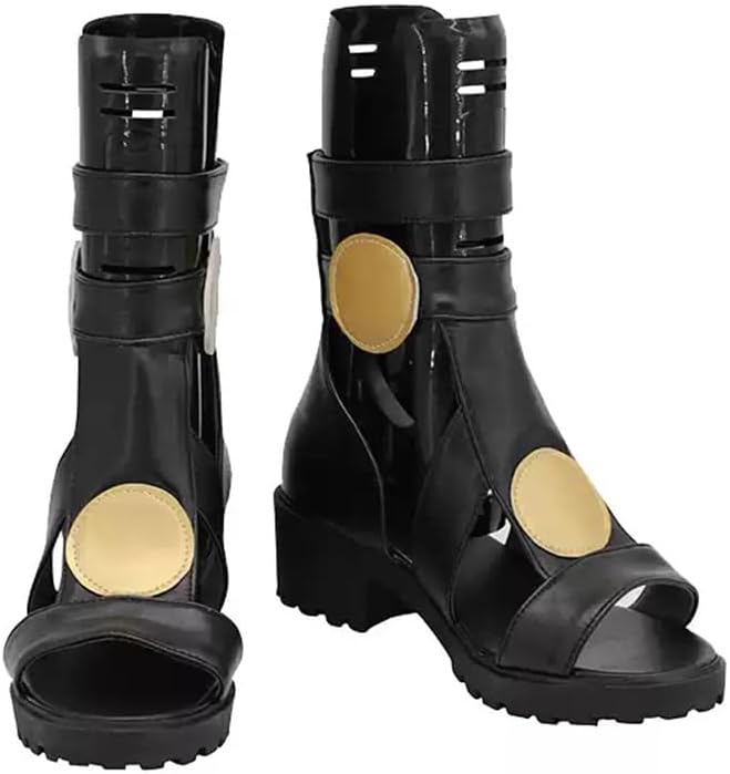 Black Faux Leather Open-Toe Mid-Calf Boots with Chunky Sole Versatile Footwear for Cosplay Streetwear & Costume Parties