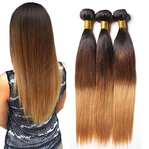 Mila 3pc Ombre Echthaar Tressen Weaving Hair Extensions 100% Remy Haarverlängerung Blond Human Hair Bundles 1B/4/27# (14"14"14") Cover