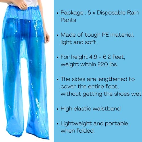 Disposable Rain Pants 5 PCS, Waterproof Plastic Pants Clear with Shoes Cover Outdoor Emergency for Men Women Unisex2