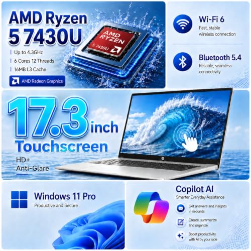 Image of HP 17 Inch Touchscreen Laptop - AMD Ryzen 5 7430U 64GB RAM 2TB SSD W11 Pro | 17.3 inch HD+ Anti-Glare Display, Wi-Fi 6, Bluetooth 5.4, Fast Charge, AI Copilot - 2026 New Laptop for Business & Student