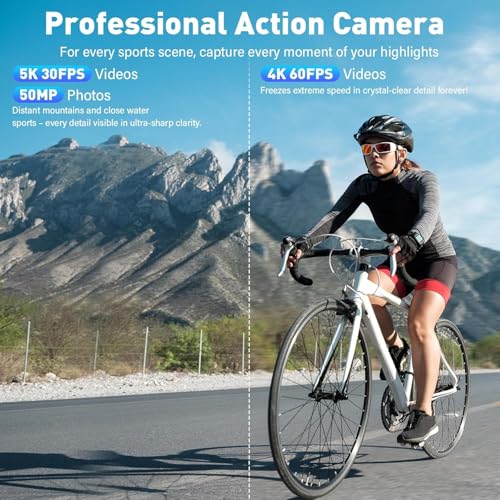 Action Cam 5K/4K, 50MP 30M/98FT Waterproof Underwater Camera with 64GB SD Card, IS, WiFi, 170° Ultra Wide Angle Action Camera - Ideal for Bike, Snorkelling, Motorcycle, Helmet Camera - Image 3