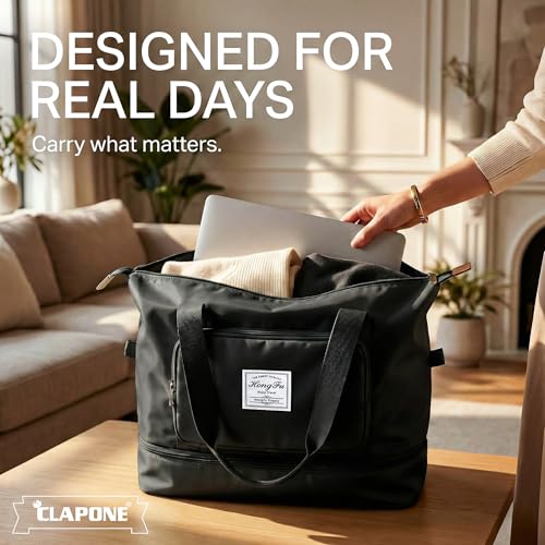Image of CLAPONE 41 Litre Expandable Nylon Travel Bags for Women /Duffle Bags for Women Luggage /Foldable Vanity Travelling Handbags /Waterproof Hand Bag for Ladies Personal Items (Black)