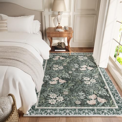 Image of Vintage Floral with Ornate Border Washable 4x6 Area Rug, Soft Low Pile Carpet for Living Room, Dining Room Under Table, Bedroom | Non-Slip, Stain Resistant & Durable