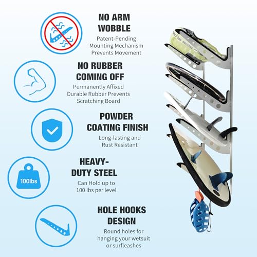 image for HIKULA 4 Board Surf Rack Wall Mount for Surfboard, Wakeboard, Snowboar