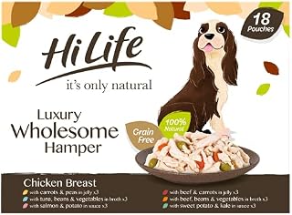 HiLife it's only natural Wet Dog Food - The Luxury Wholesome Hamper with Chicken Breast, Tuna, Salmon, Beef, Vegetables, Multipack of 36 Pouches x 100g