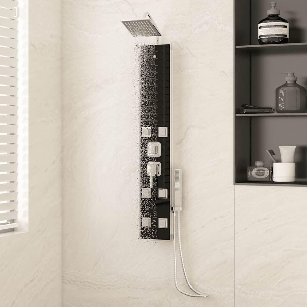 Pannello doccia in vetro nero, 18 x 45,5 x 130 cm, con acciaio inox, doccia a pioggia, funzione massaggiante, doccetta regolabile per bagno, montaggio a parete, benessere e relax