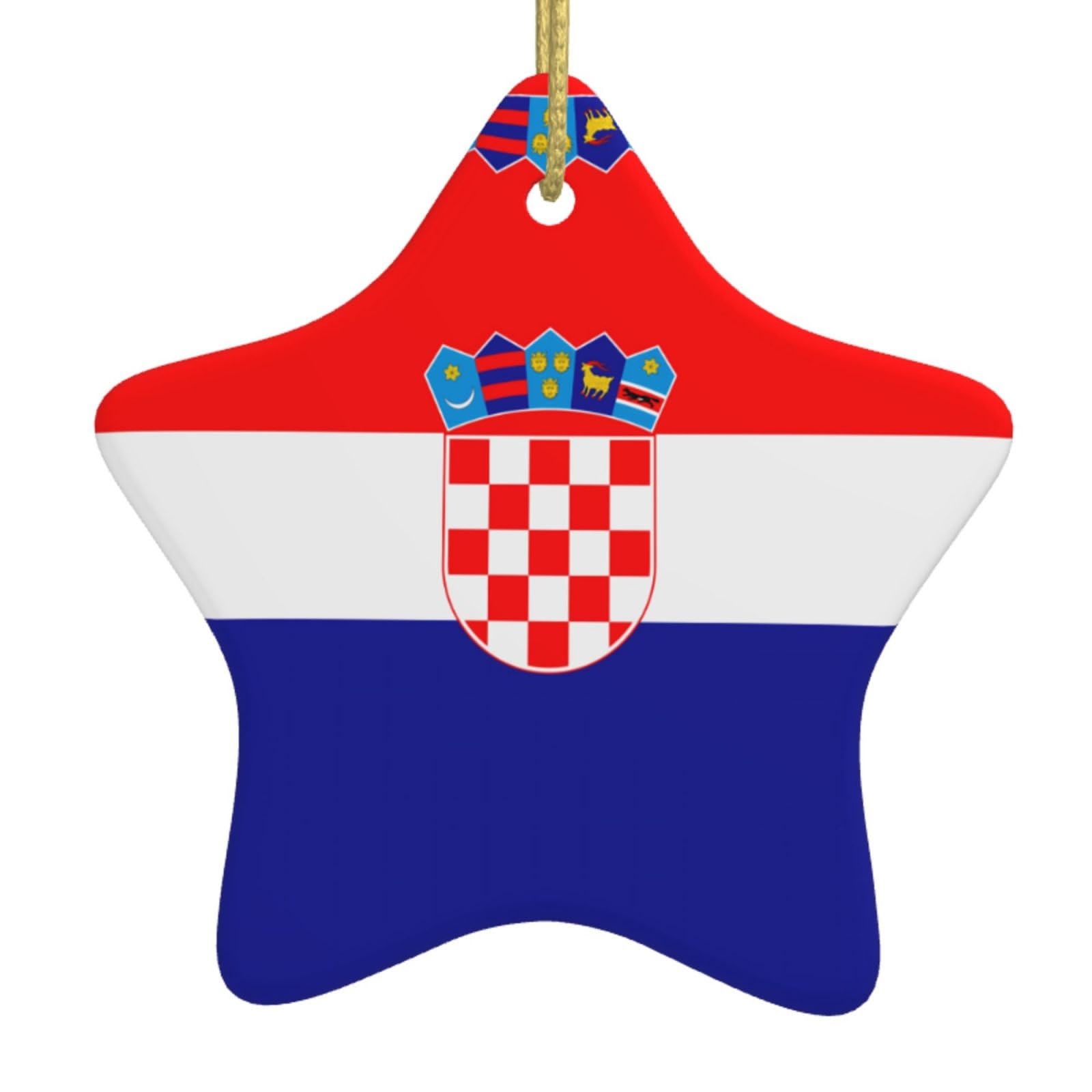 Republic of Croatia Flag Christmas Ceramic Star Pendant with Punched Holes and Gold Wire Rope, Christmas Tree Home Decoration