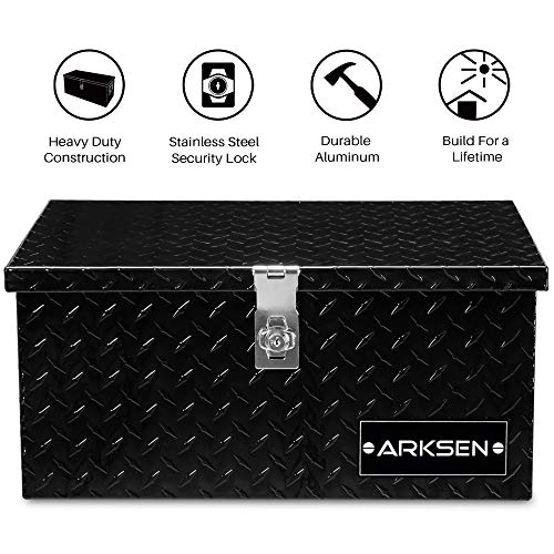 Arksen 20 Inch Heavy Duty Aluminum Diamond Plate Tool Box Chest Box Pick Up Truck Bed Rv Trailer Toolbox Storage With Side Handle And Lock Keys – Black #TOP1