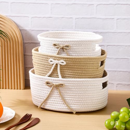 Image of Breling 3 Pieces Bow Laundry Baskets with Coquette for Kids,Basket Bow Woven Gift Baskets with Handles for Living Room Toys Organizer,Girls Nursery Playroom, Pet Toy Basket(Khaki, White)