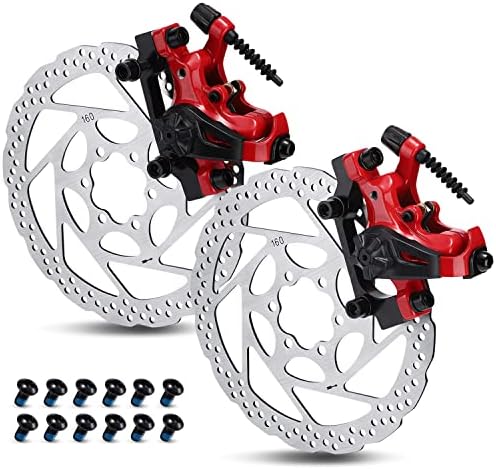 TOBWOLF 1 Pair Mechanical Disc Brake Kit, MTB Front & Rear Disc Brake Caliper with 160mm Rotor, Dual Piston Mechanical Disc Brake Set, Bicycle Accessories for Mountain Bike, Road Bike, BMX - Red