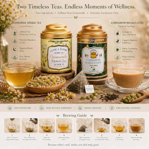 Image of Sancha Tea Boutique, Combo Pack: Chamomile Herbal (50g) & Cardamom Chai (25 Pyramid Bags), Elaichi Masala Blend with Real Ingredients