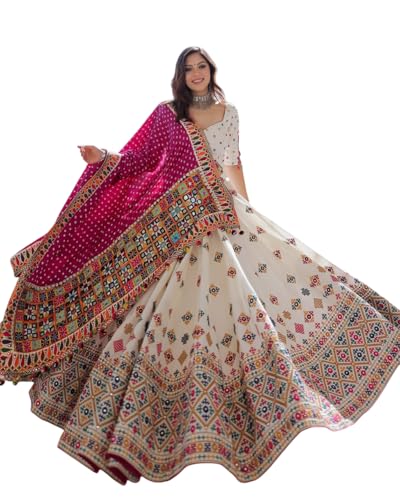 Navratri Printed Beautiful Lehenga Choli Outfit Navratri Lehenga Choli Mirror Work for Women & Girl White