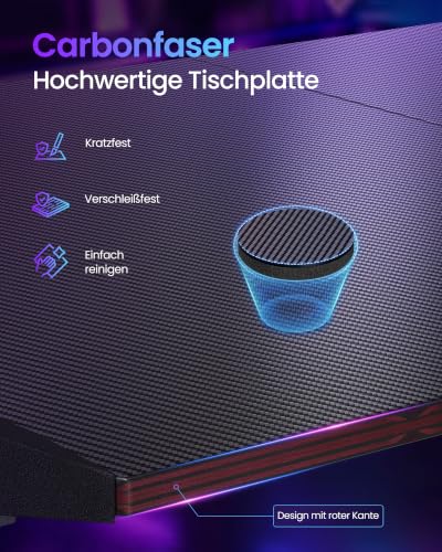 VASAGLE Gaming Tisch, Kohlefaser, RGB Beleuchtung, 100 x 60 x 76 cm – Ansicht 6
