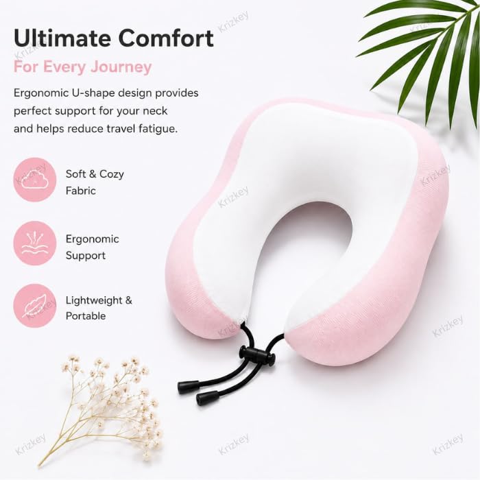 Image of Memory Foam Travel Neck Pillow with Storage Case | Soft Stretchable Fabric, Ergonomic U-Shaped Neck Support Cushion for Airplane, Car, Train & Office Travel (Pink)