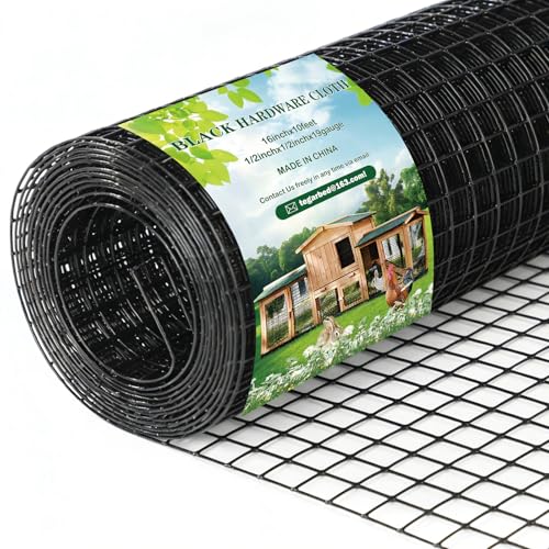 Gbekery Black Hardware Cloth 1/2inch 16in x 10ft 19 Gauge PVC Coated Galvanized Steel Chicken Wire Fence Roll Garden Plant Welded Metal Wire Fencing Roll Rabbit Cages Snake Fence Black
