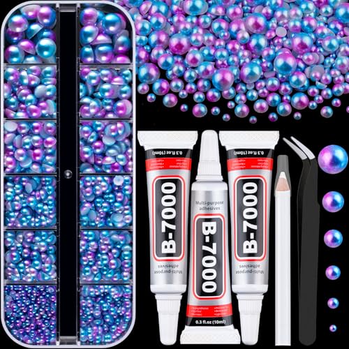 Image of Flatback Pearls for Crafting with 3Pcs 10ml B7000 Jewelry Glue, 1 Box of Half Round Blue Mermaid Pearls, Bedazzling Beads for DIY Crafts Clothing Tumblers Shoes Embellishment Nail Art
