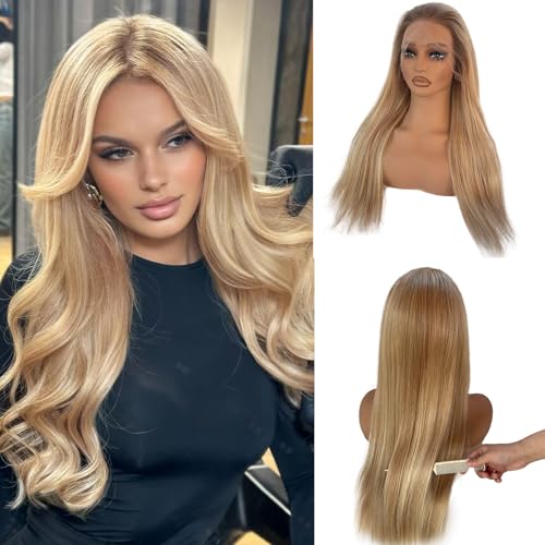 Image of Ash Blonde Highlight Wig Human Hair, Wear and Go Glueless 13x4 Frontal Wig Ombre Colored Balayage Blonde with Brown Lace Front Wigs Human Hair 180% Density Thick Ends Free Part Lace Wigs for Women 22 inch
