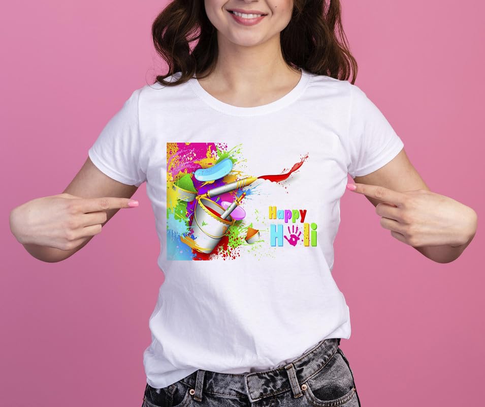 Image of Knitted Polycotton Fabric Regular Fit Girl Women Half Sleeve T-Shirt for Festival of Holi Style 17 White Size : Free