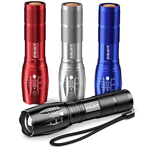 BYBLIGHT Pack of 4 LED Flashlights, 800 Lumen Ultra Bright LED Flashlight with 5 Modes, Zoomable, Waterproof, Handheld Small Flashlight for Outdoor Camping, Fishing and Hunting (Colorful)