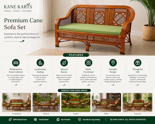 Image of Bamboo Chair Premium Cane Sofa Set with Table for Home, Office, Living Room, Balcony, Garden, Indoor & Outdoor | Brown, 34 cm, 24 cm, 25 cm