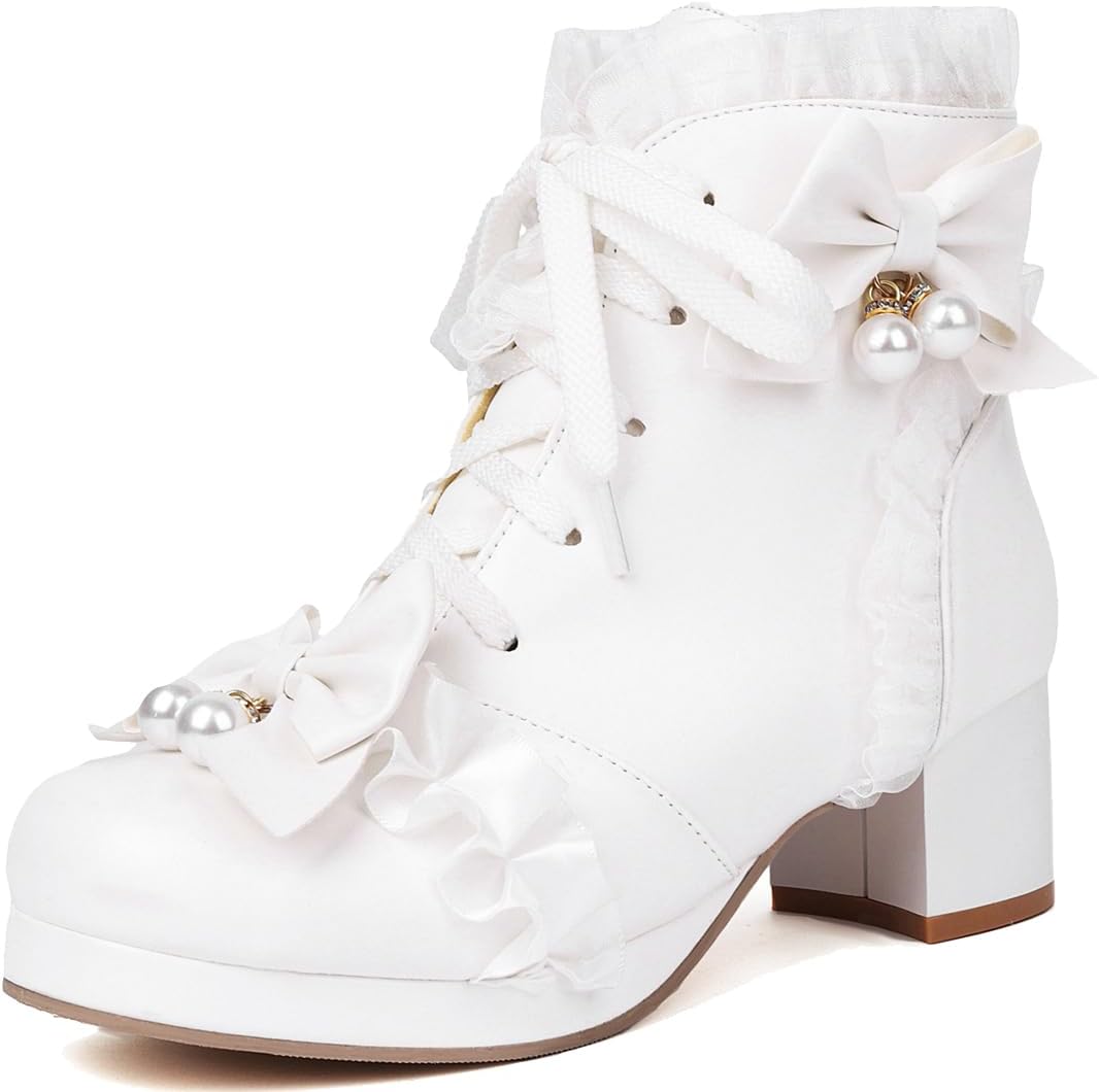 DINTAHA White Kawaii Shoes For Women,Goth Lolita Platform Boots,Bow Ankle Boots Cute Sweet Cosplay Shoes,Size 10