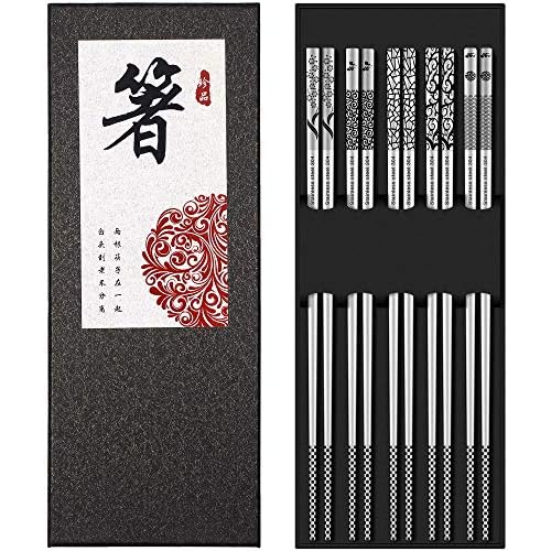 Metal Chopsticks Reusable 18/8 Stainless Steel Chopsticks Multipack Dishwasher Safe Chop Sticks Cute Laser Engraved Non-slip Japanese Korean Chopstick for Cooking Eating 9 1/4 Inches 5 Pairs Gift Set
