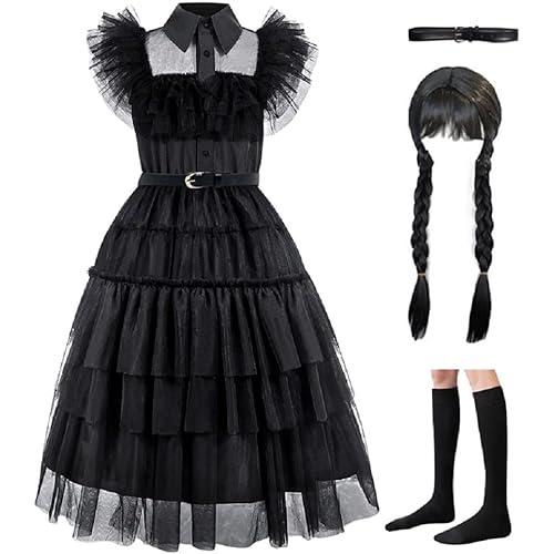 Zalongye Wednesday addams costume girls dress for Kids Addams Family Costumes Halloween Cosplay Party Dress With belt 4-12Y