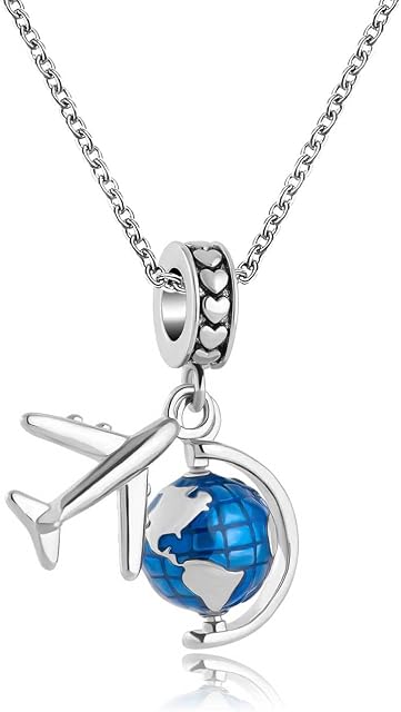 KunBead Jewelry Earth Airplane Love Heart Travel Charm Pendant Necklace for Women Girls, Blue