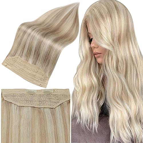 Full Shine Fish Line Hair Extensions Blonde 14 Inch Invisible Fish Wire Remy Human Hair Extensions Color 18 Ash Blonde Highlights 613 Bleach Blonde 70 Grams Wire Hair Extensions