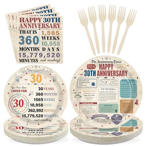 Greencian 96Pcs 30th Anniversary Party Decorations Retro 30 Years Plates and Napkins 30th Anniversary Disposable Tableware Set for Vintage 30 Year Wedding Company Party Supplies Serves 24