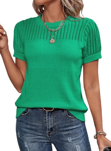 Dokotoo Womens Fashion Plus Size Spring Summer Short Sleeve Tunic Tops Blouses Solid Hollow Out Knit Pullover Sweaters for Women Casual Crewneck T-Shirts Work Business Loose Fit Tee Shirts Green M