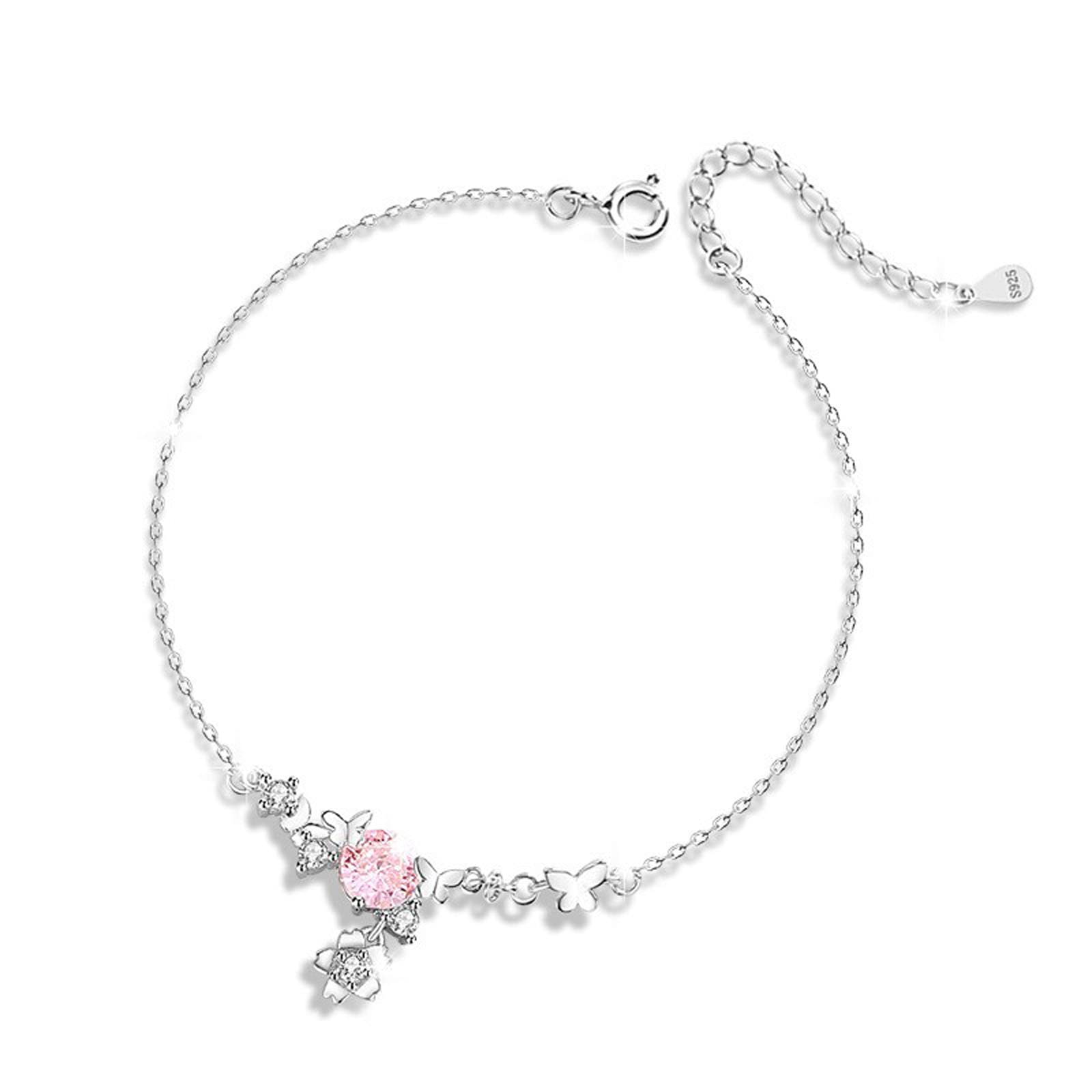 Musolaree 925 Sterling Silver Bracelet for Girl Women Pink Cherry Blossom Adjustable Zirconia Bracelet Jewelry Friendship Birthday Gifts for Teen Sister Girlfriend