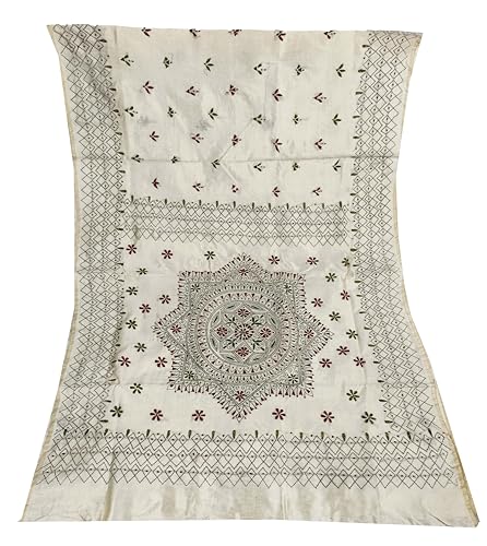 Image of SHRISTI CLOTHINGS Women's Hand Embroidered Cotton Silk Kantha Stitch Saree with Blouse Piece (SB420324 TWD77)