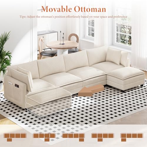 Image of Vesgantti 143 inch L Shaped Modular Sectional Sofa, Comfy Corduroy Upholstered Modular Sectional Couches for Living Room, Modern Cloud Couch with Ottoman Deep Seat, Beige