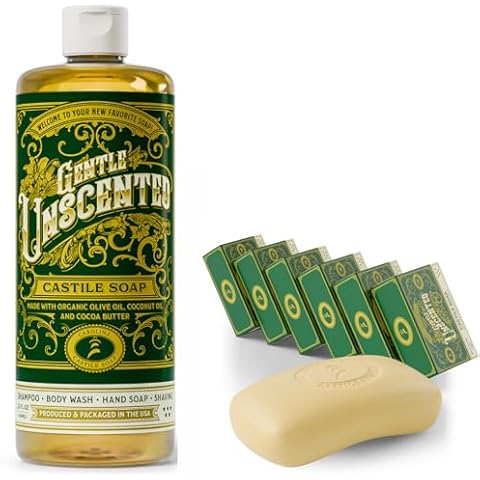 Carolina Castile Unscented Liquid & Vegan Unscented Bar Soap - Vegan & Pure Organic Soap Concentrated Non Drying All Natural Formula - Soap Bars with Organic Cocoa Butter and Olive Oil Cover