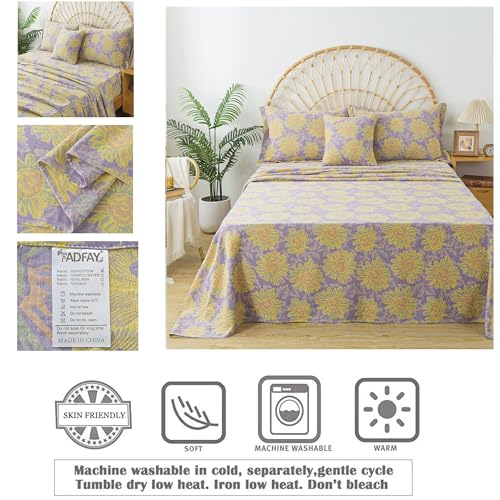 Image of FADFAY Sunflower Sheets Set Queen Vintage Yellow Purple Floral Bedding Shabby Farmhouse Bedding Super Soft Washed Double -Layer Muslin Sheets 100% Cotton Deep Pocket Fitted Sheet 4Pcs, Queen Size