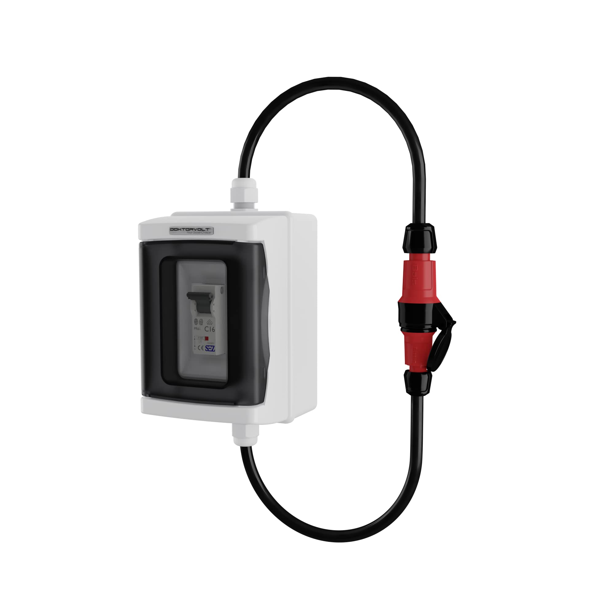 Adapter 230V Stecker auf 230V Kupplung mit Sicherung C16 1P Doktorvolt