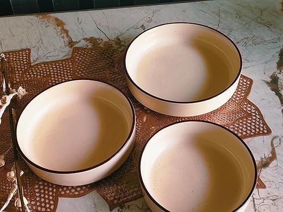 Image of Niyara Stoneware Handmade Ceramic Stylish Premium Serving Bowls /Salad Tray Microwave Dishwasher Safe (White with Black Border)