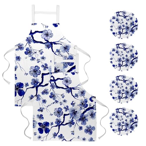 Tablier de serveuse bleu floral pour le service en bistrot et bar