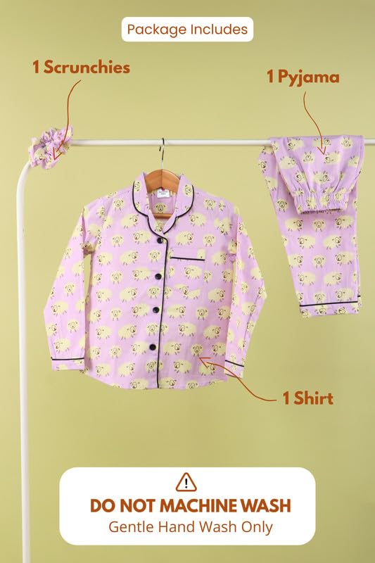 Tweeny Mini Girls Kids Pure Cotton Night Suit | Night Dress Cute Sheep Printed Nightwear with Full Sleeve Shirt & Pyjama Combo Set Sleepwear (8-9 Years, Lavender) 2