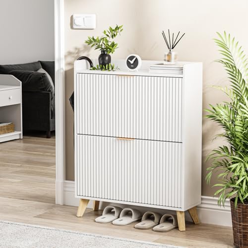 Image of Slim Shoe Storage Cabinet for Entryway, 2 Flip Drawers Wooden Organizer with Fluted Panel, Secure Fence Top for Plants & Decor, Hidden Shoe Storage for Hallway & Foyer (White)