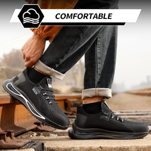 Image of GLANOUDUN Steel Toe Work Shoes for Men, Lightweight Black Work Shoes with Puncture Resistant Midsole, Comfortable Safety Footwear for Warehouse Construction