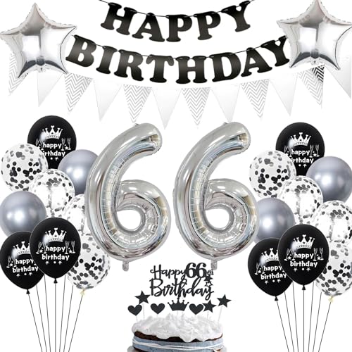 Noir Argent Décoration 66 ans anniversaire,Ballon 66 ans anniversaire Argent Noir,Ballon 66 ans anniversaire Femme,Décoration fête 66 ans,Décoration anniversaire 66 ans Homme Noir Argent