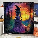 Bezaubernder Hexen-Duschvorhang, farbenfroher Halloween-Wald, Herbst, modern, mystisch, wasserdicht, Stoff, Badezimmer-Vorhang mit Haken, 183 x 213 cm