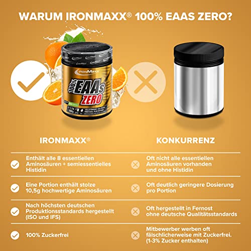 IronMaxx 100% EAAs Zero - Sunny Orange 500g Dose | EAA-Pulver,Vegan Und Zuckerfrei Mit Allen 8 Essentiellen Aminosäuren | Fruchtiger Geschmack, Frei Von Konservierungsstoffen 3