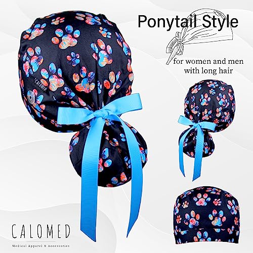 Image of Scrub Cap for Women and Men, Ponytail Scrub Caps, Working Hat, Head Cover with Ribbon Ties and Buttons, Long Hair