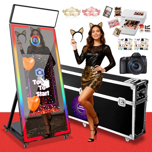Magic Mirror Photo Booth 65'' Portable 32'' Touch Screen Mirror Photobooth with Camera and Printer and Square Light, Selfie Photo Booth Machine for Party Event Rentals (Black+Camera+Printer+108Paper)